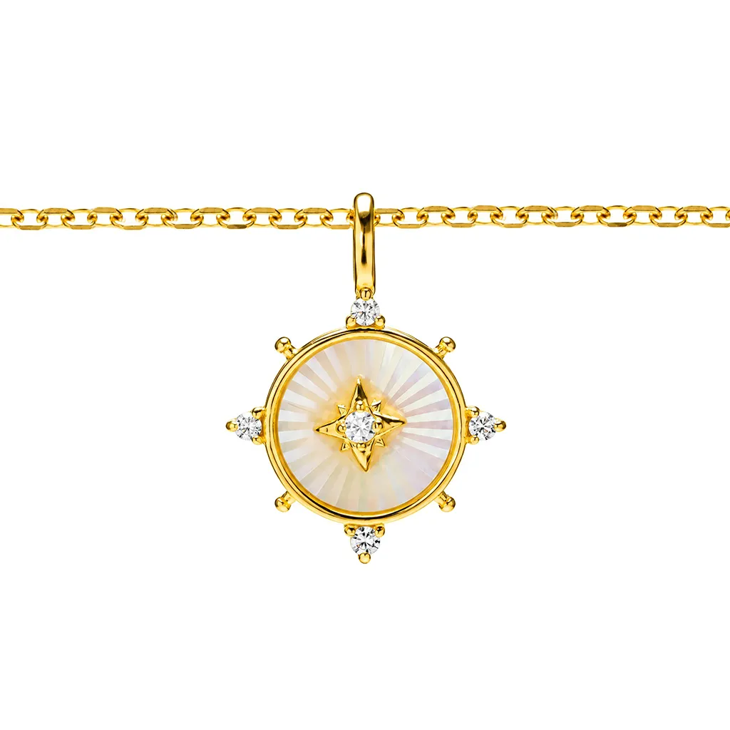 [19658N40E5NBLDO] Sterling silver compass rose mop pendant necklace with zirconias