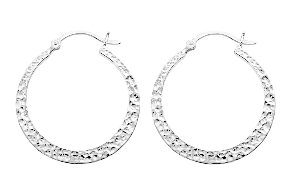 Sterling silver textured flat hoop earrings