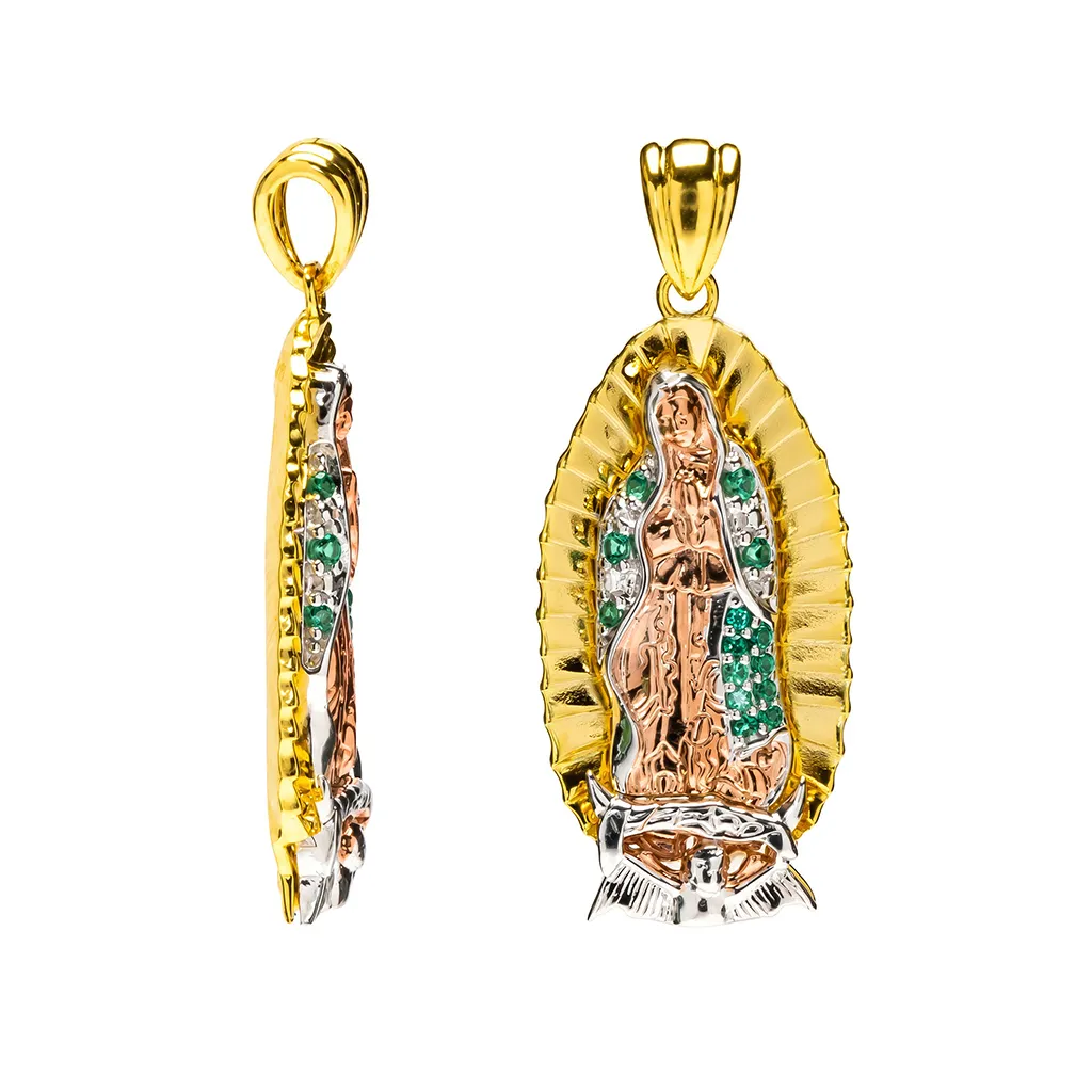 Sterling Silver 925 Green Zirconia Tricolor Virgin of Guadalupe Medal Pendant