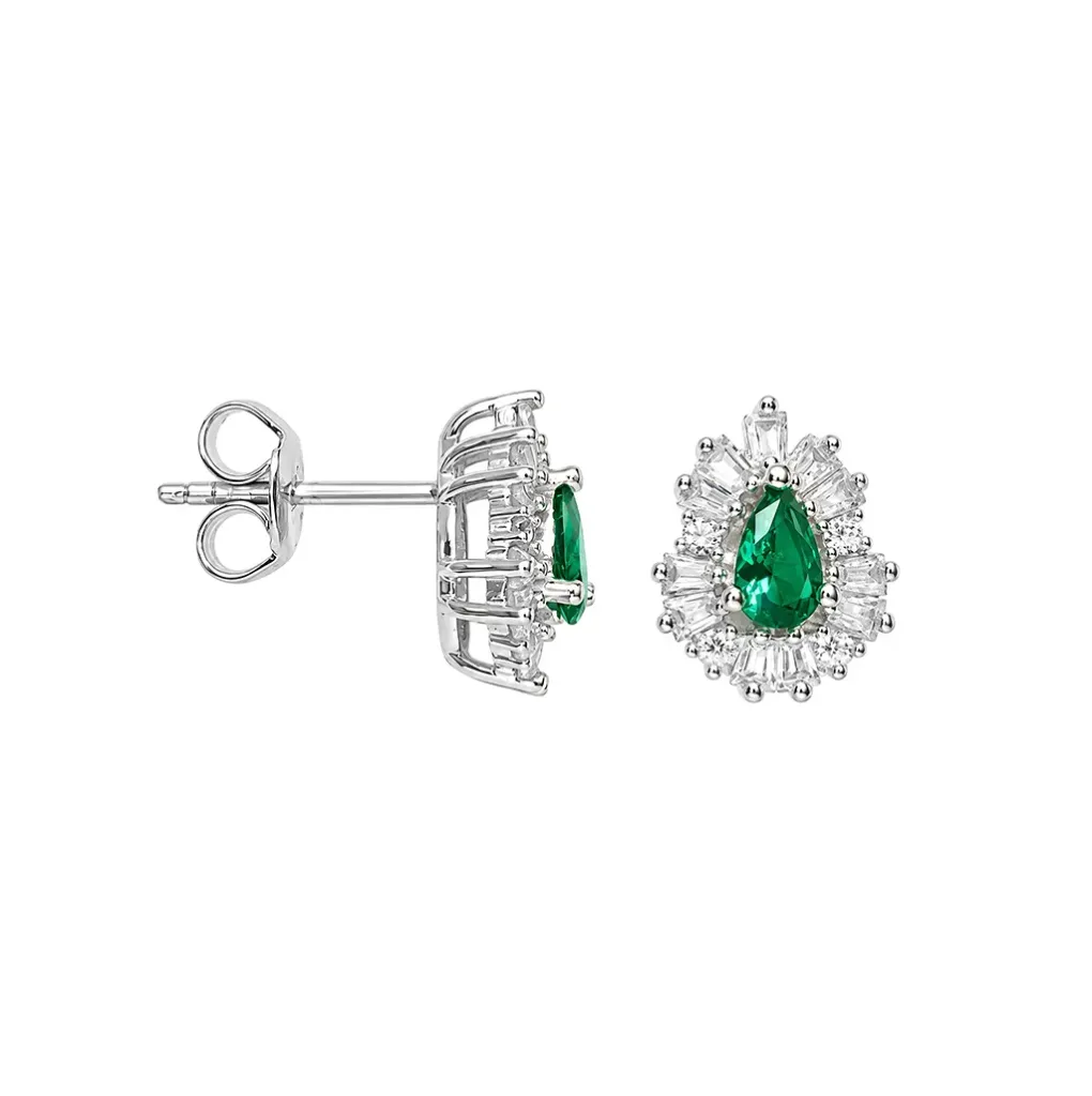 [19700EZBLESRD] Sterling Silver 925 White Baguette Zirconia Halo Pear Earring (BLANCA - ESMERALDA)