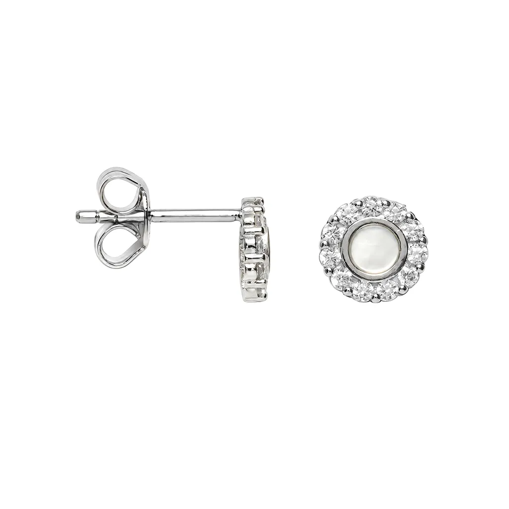 [19714ENBLDO] Sterling Silver 925 White Zirconia Halo 2 mm Semiprecious Gemstone Earring (Mother of pearl, White)
