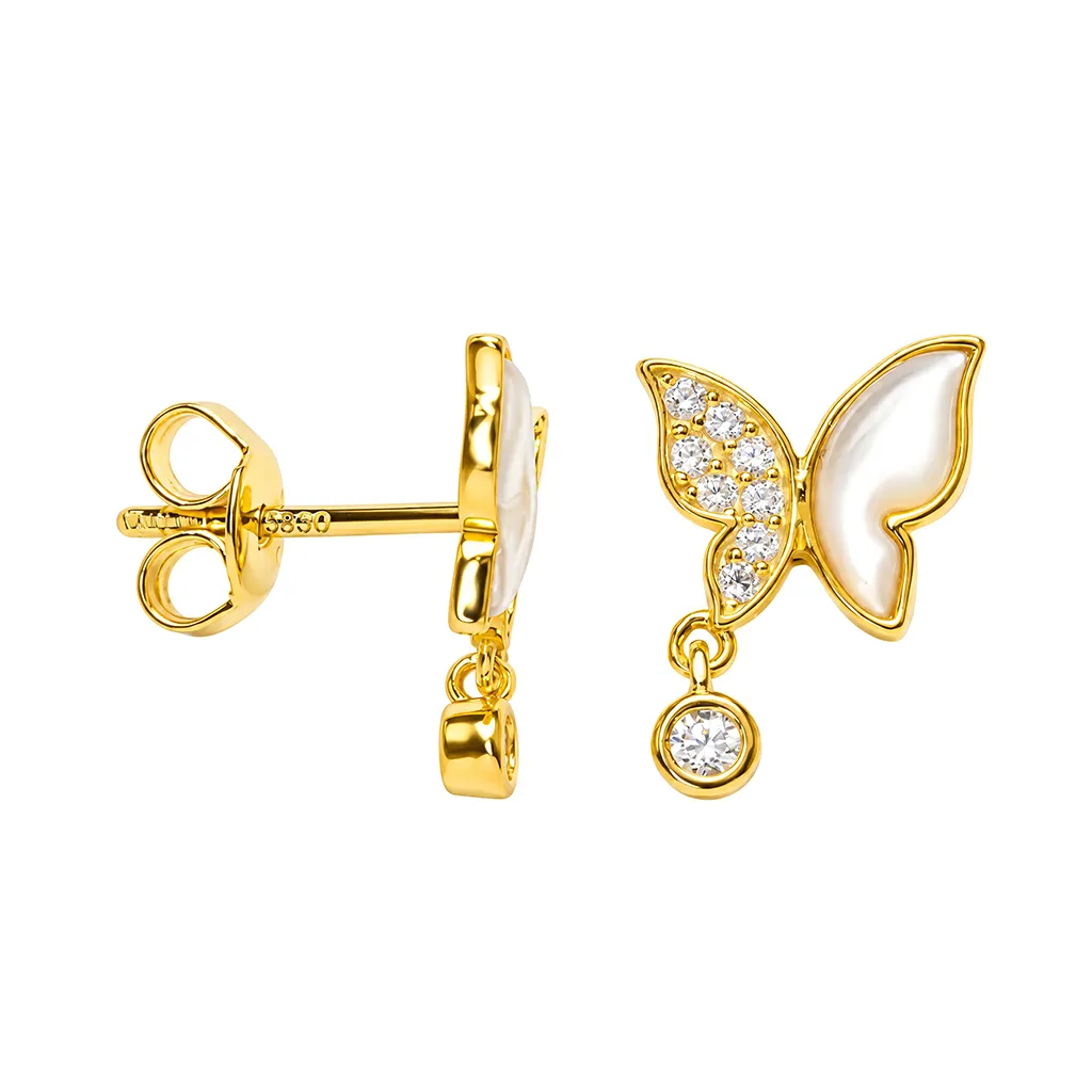Pendiente plata 925 mariposa con un ala de circonitas blancas y otra de nácar