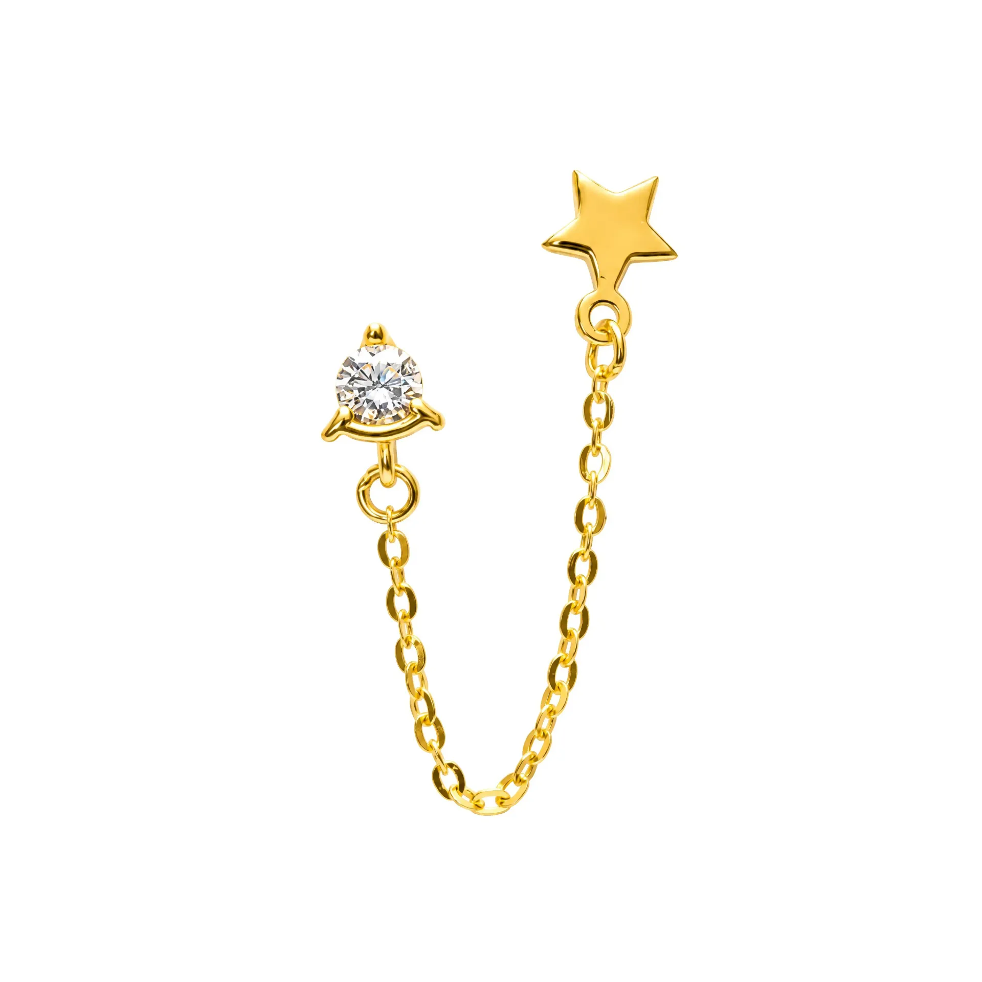 Pendiente plata 925 de doble agujero con estrella y circonita de 3mm unidas con cadena