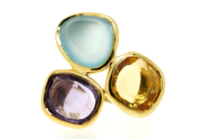 Silver 925 ring amethyst, aqua chalcedony, citrine