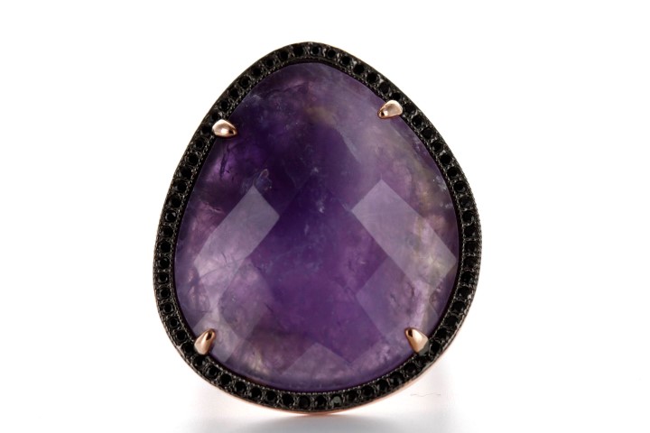 [07152A123RAM] Anillo plata 925 piedra semi preciosa y zirconita  (Talla 12, Amatista, Oro rosa)