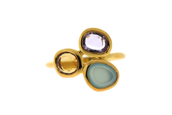 Anillo plata 925 amatista + a.calcedonia + citrino 