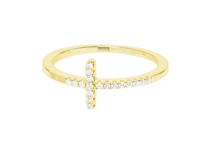 Anillo plata 925 zirconita cruz apaisada curvada 