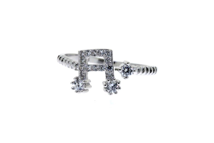 Anillo plata 925 zirconita abierto nota música 
