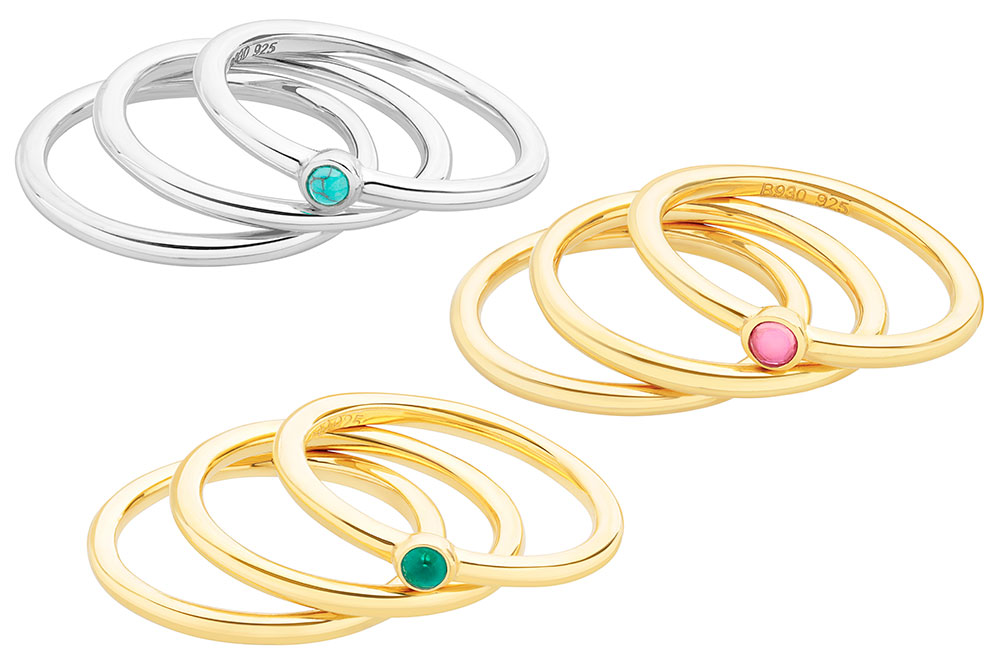 Sterling silver triple ring with semi-precious stone