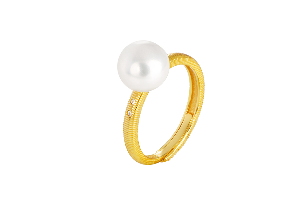 [18033RTA00PBLDO] Sterling silver adjustable fine ribbed ring with zirconia and 8mm pearl (Gold plated)