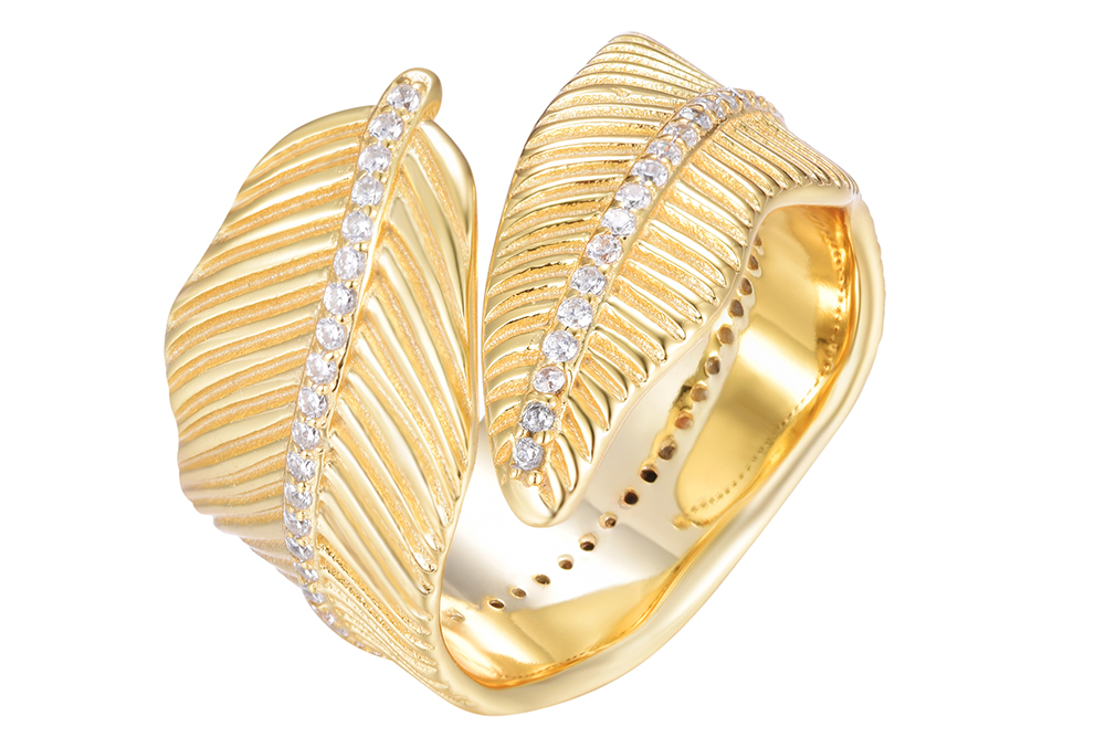 [18317RTA14ZBLDO] Sterling silver irregular leaf zirconia open ring (Gold plated)