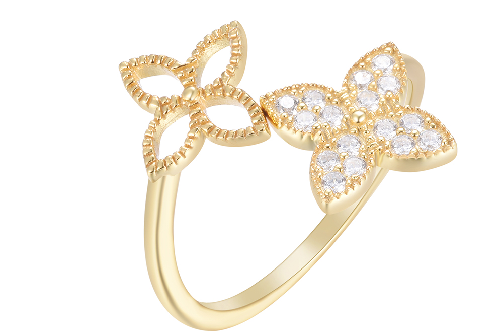 Anillo plata 925 dos flores abierto con zirconitas