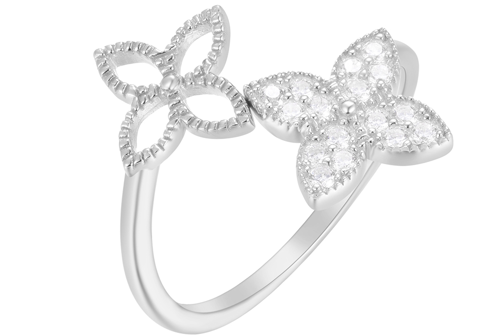 Anillo plata 925 dos flores abierto con zirconitas