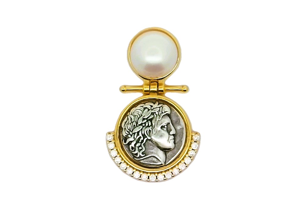 Colgante plata 925 moneda antigua romana con perla y zirconitas