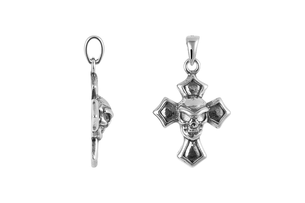 [17932POX] Sterling silver cross with skull pendant