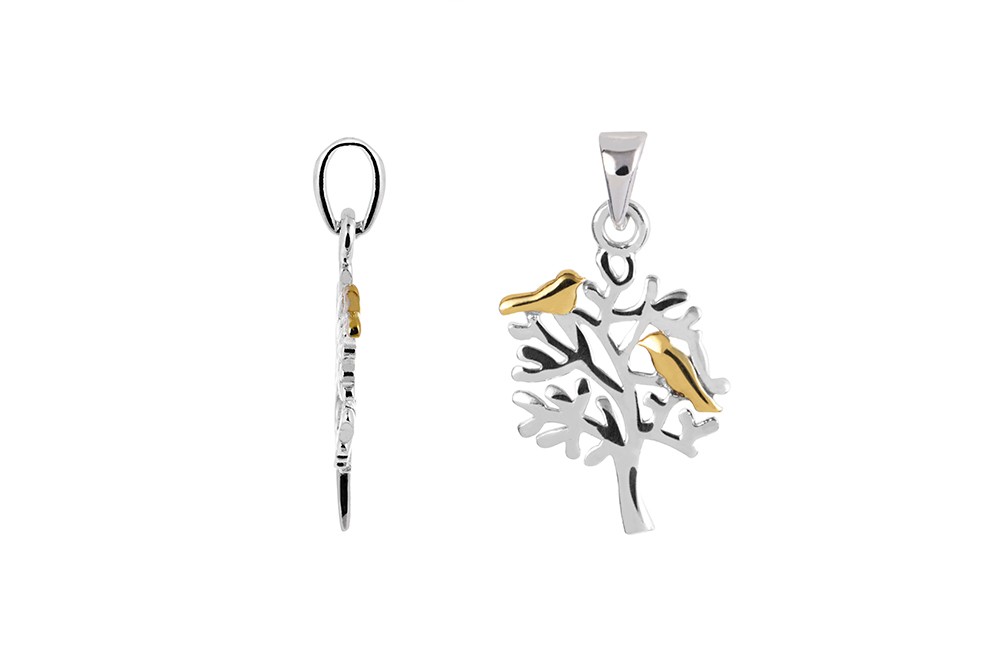[17935PPLDO] Sterling silver tree of life with two-tone birds 19x12mm pendant