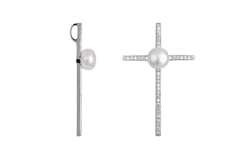 Sterling silver cross with 2mm white zirconia and 6mm pearl pendant