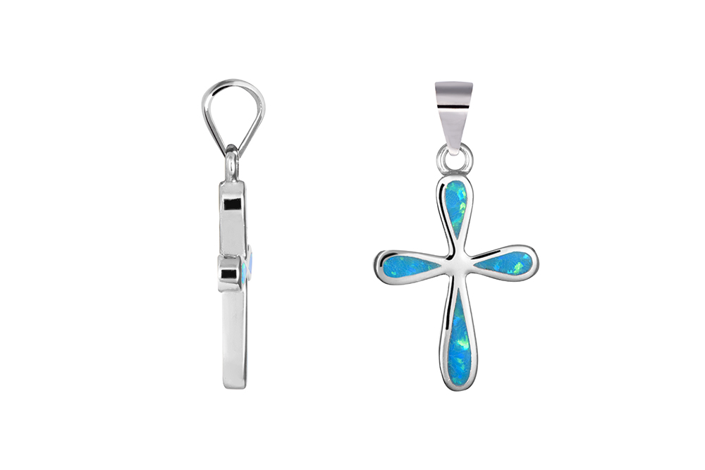 Sterling silver blue opal 23x14mm cross pendant