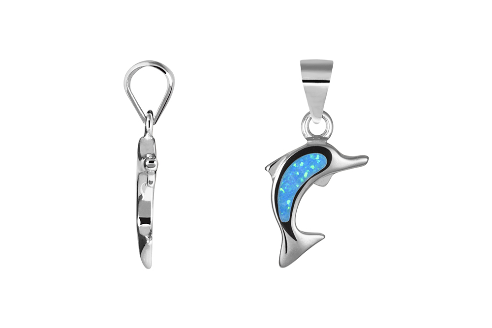[18418PGOPRD] Sterling silver blue opal dolphin 18x12mm pendant