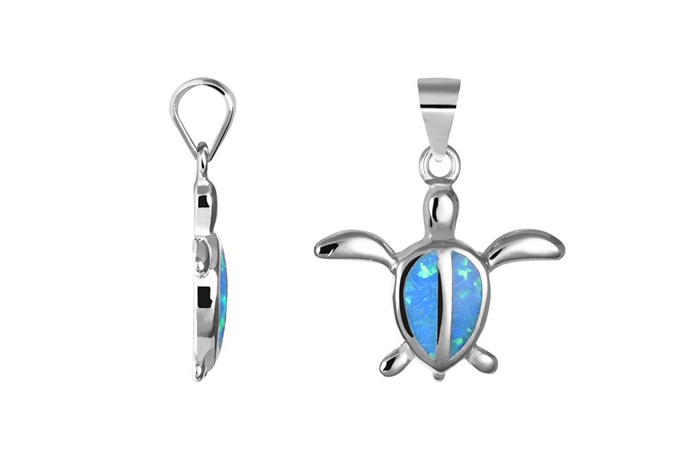 Sterling silver sea turtle with blue opal pendant