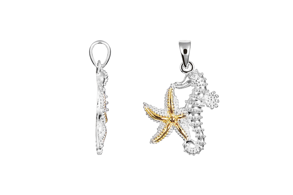 Sterling silver two-tone star and seahorse pendant