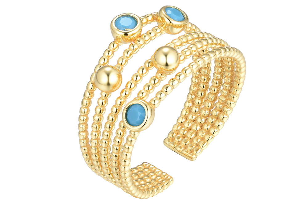 Anillo plata 925 cinco alianzas con bolitas de 3mm y tuquesas