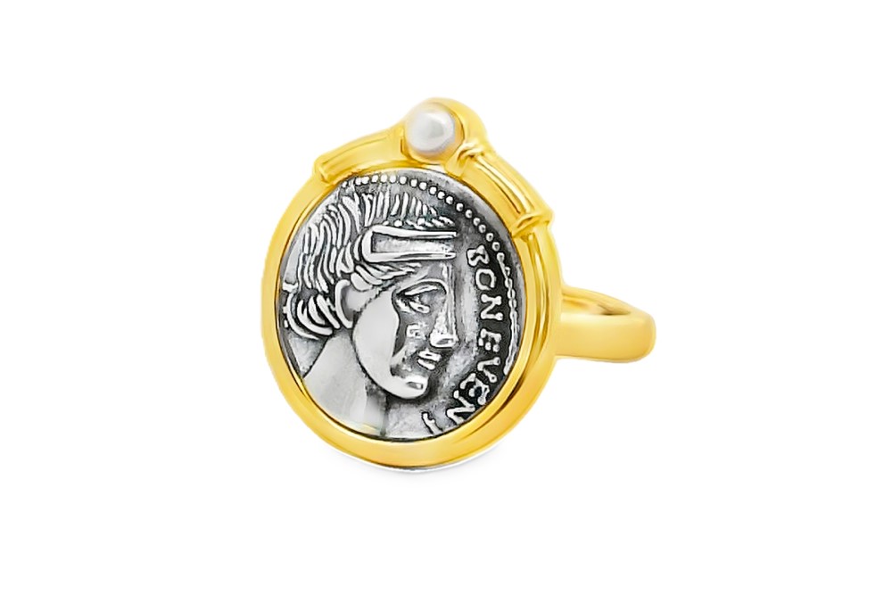 Sterling silver bonus eventus roman coin  adjustable ring