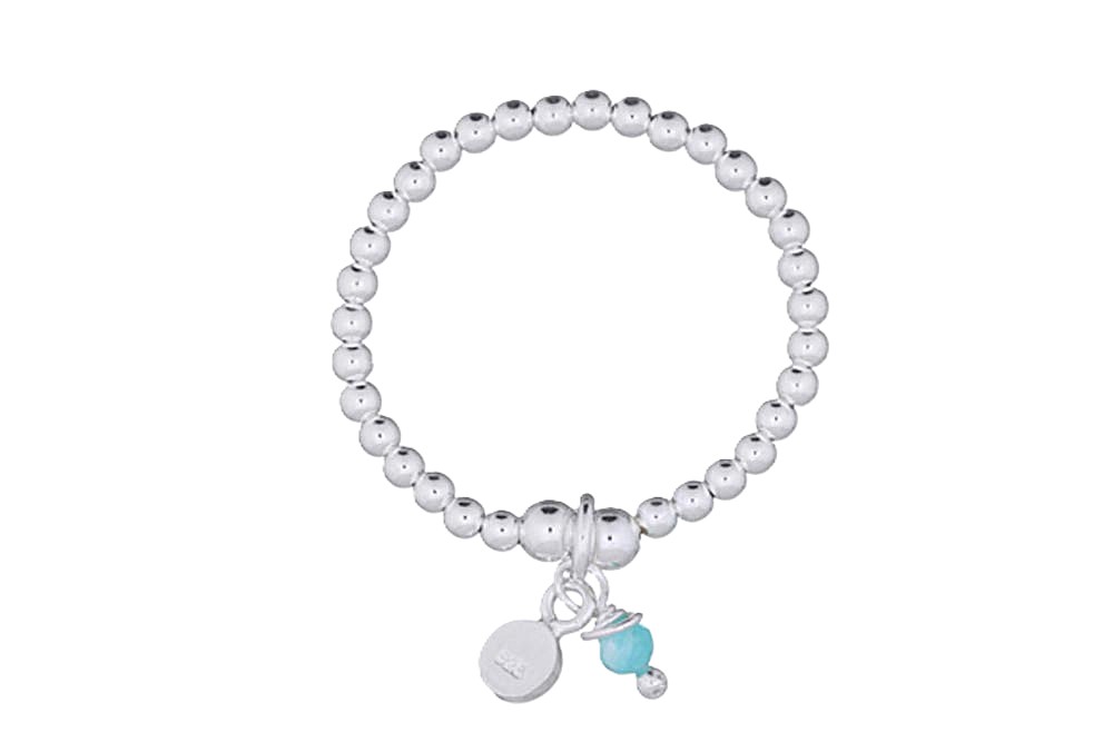 Sterling silver elastic design with 4mm beads and mini charm plate and natural stone ring