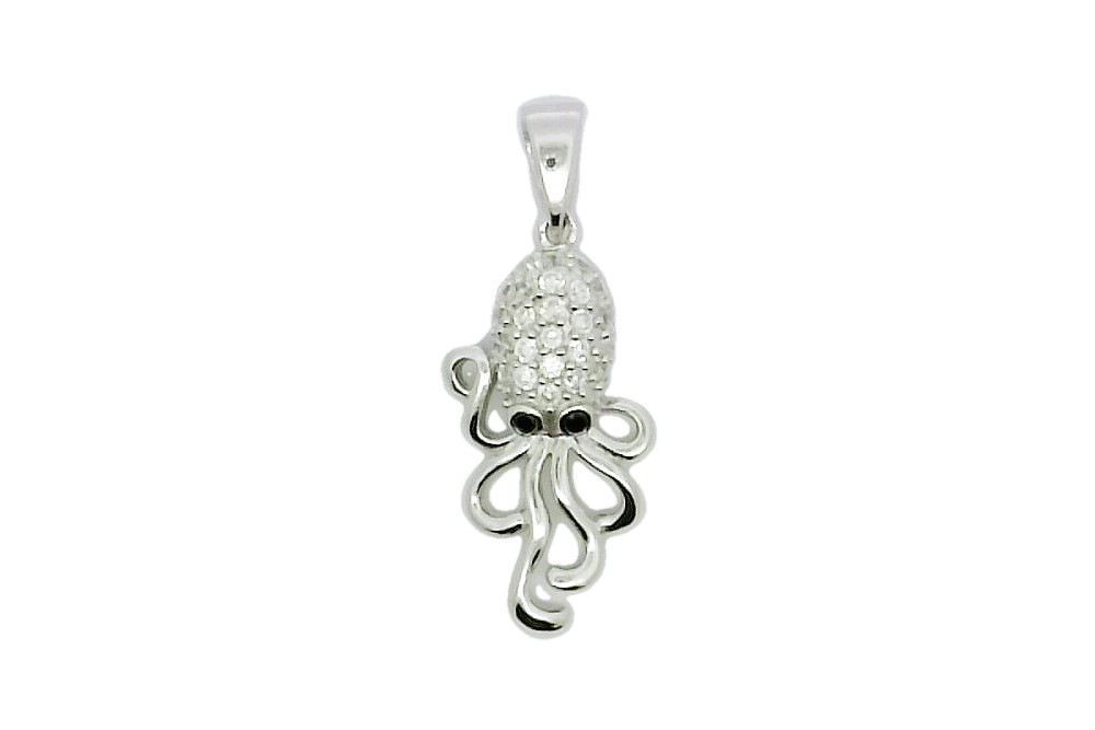 [01312PZBLRD] Sterling silver octopus pendant with zirconias (White)