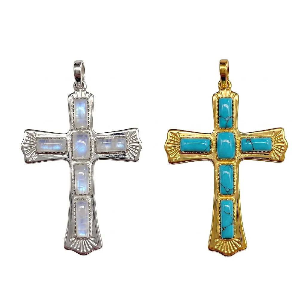 Sterling silver cross natural stone pendant