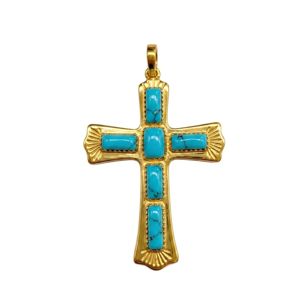 [15072P000000TUG1] Colgante plata 925 cruz con piedra natural  (Turquesa, Chapado en oro de 1 micra)