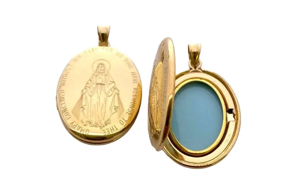 Colgante plata 925 portafotos ovalado con diseño de virgen de milagrosa 20x26mm