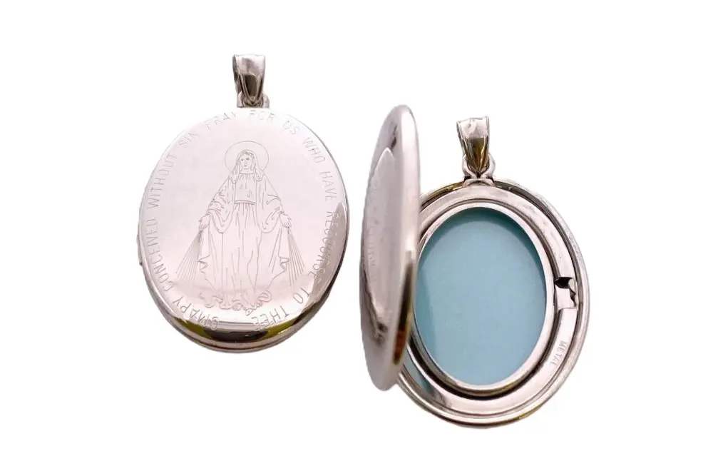 Colgante plata 925 portafotos ovalado con diseño de virgen de milagrosa 20x26mm