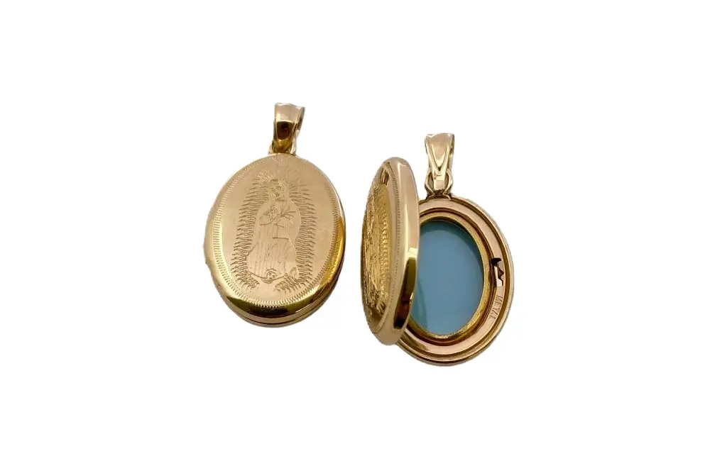 [17613PE150DO] Sterling silver guadalupe virgin design oval locket pendant 15x19mm (Gold plated)