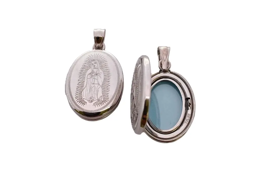 Colgante plata 925 portafotos ovalado con diseño de virgen guadalupe 15x19mm