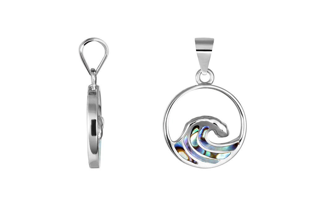 [18443PRABRD] Sterling silver blue opal wave design 18x15mm pendant (Semiprecious stone, Abalone)