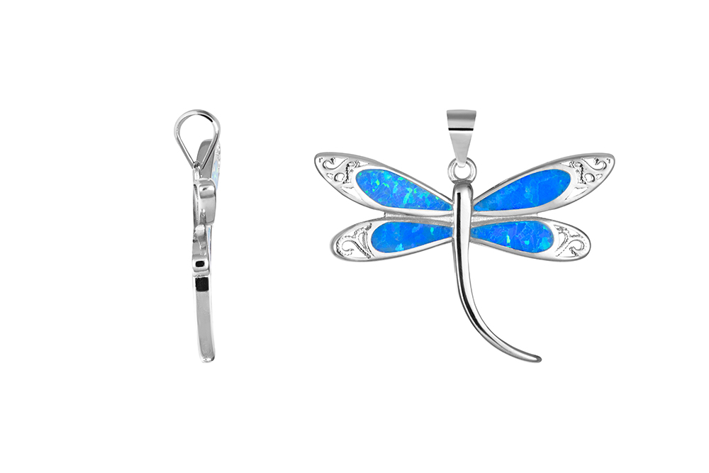 Sterling silver blue opal and abalone dragonfly pendant"