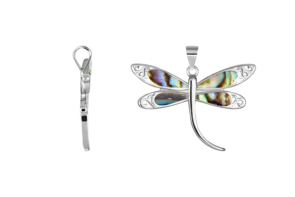 Sterling silver blue opal and abalone dragonfly pendant"
