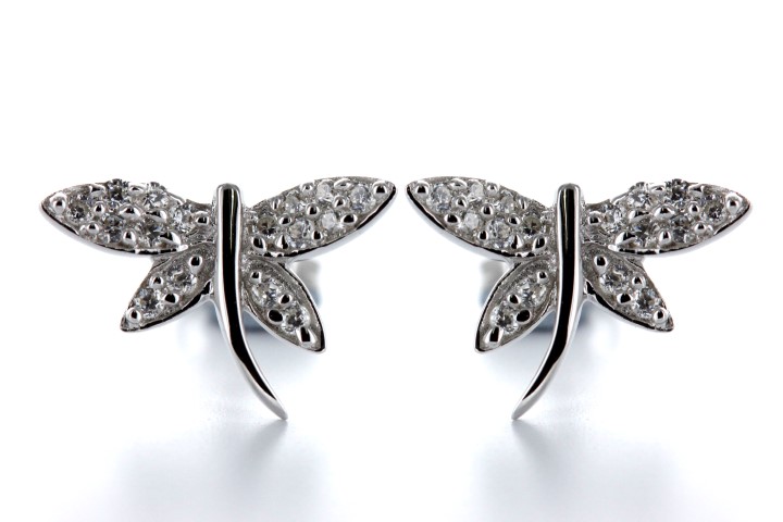 Pendientes plata rodiada zirconita blanca libelula 