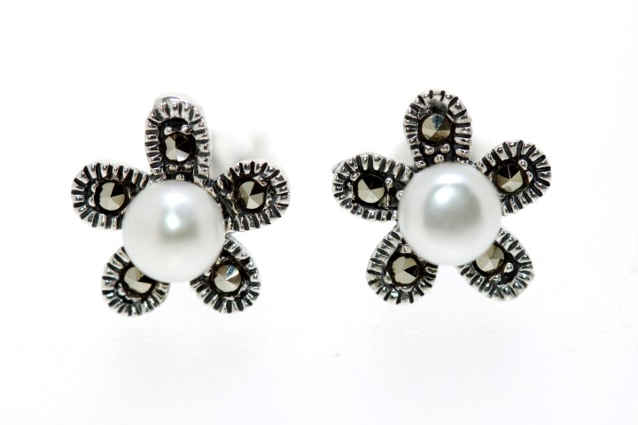 Pendiente plata 925 marquesita perla flor 