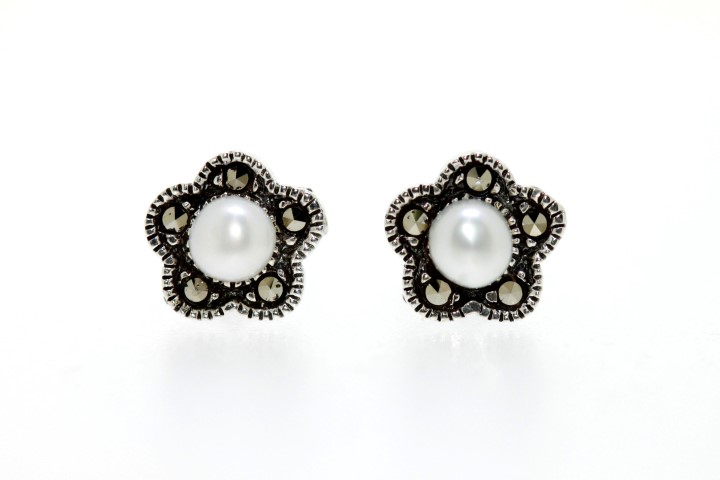 Pendiente plata 925 marquesita perla flor 