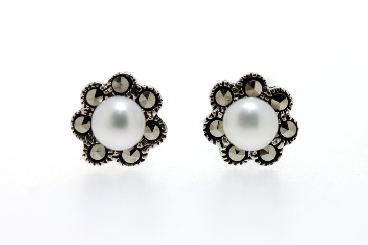 Pendiente plata 925 marquesita perla flor 