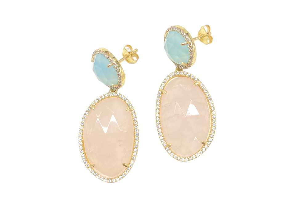 [141010002RMC] Silver earring rose quartz, blue chalcedony, cz