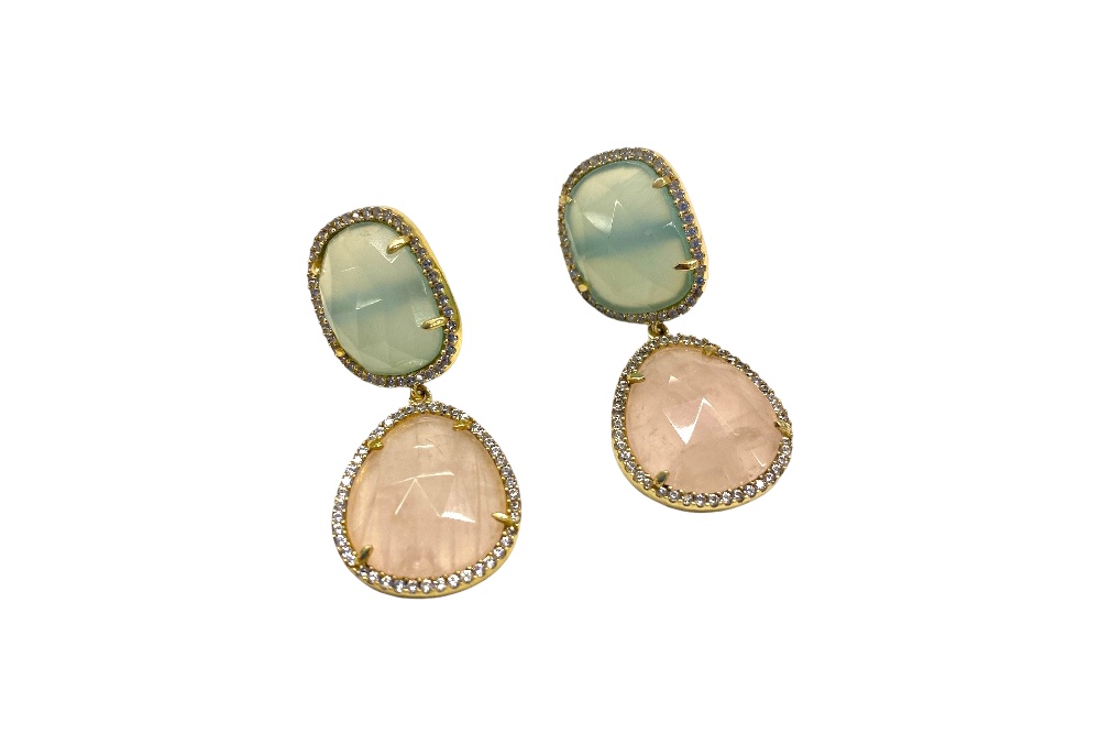 [141060002RMC] Silver earring rose quartz, blue chalcedony, cz