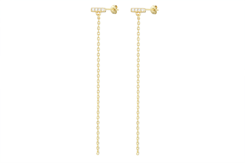 Sterling silver mini zirconia bar with chain earring