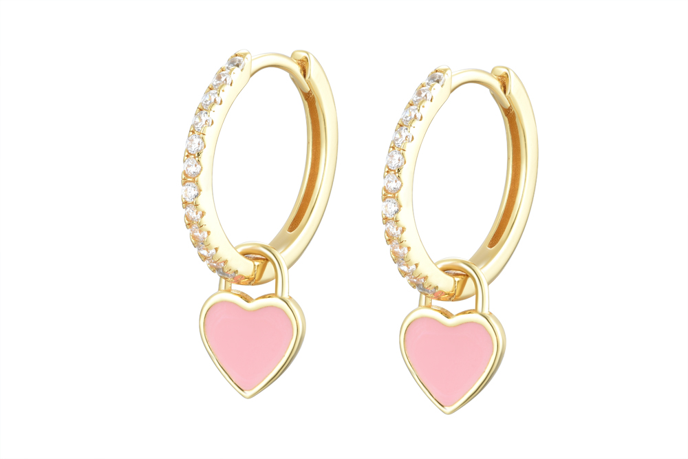 [15781EZBLDO] Sterling silver zirconia heart enamel hoop earring