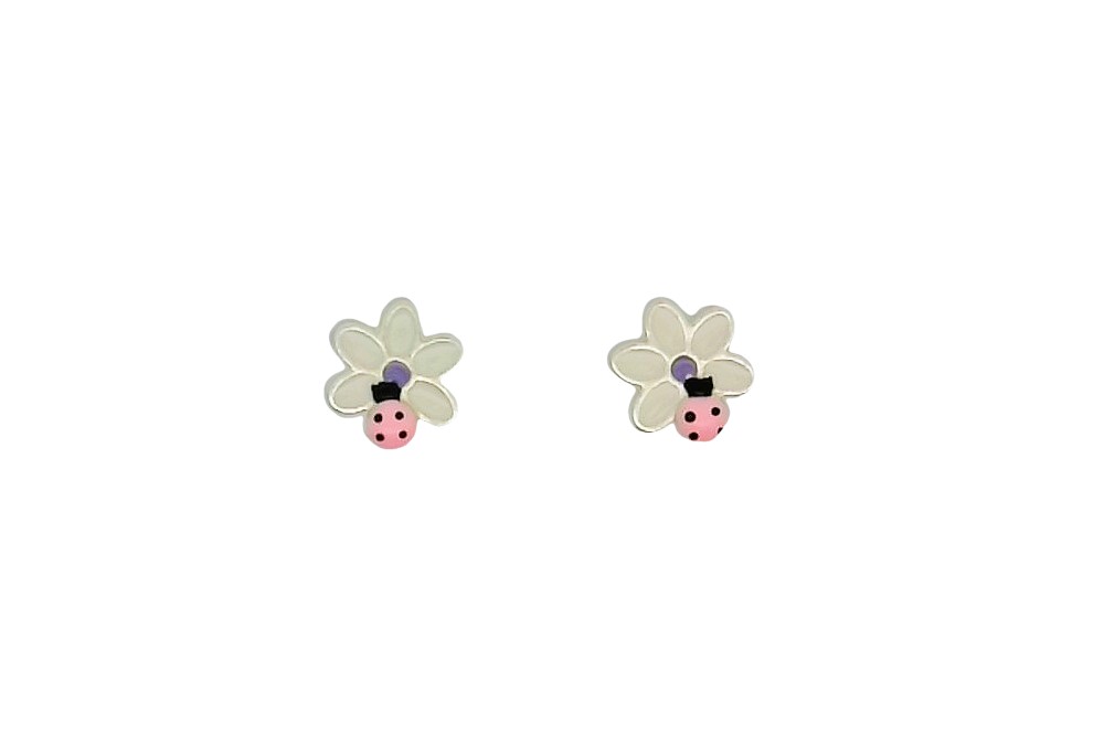Sterling silver enamel flower & ladybug earring