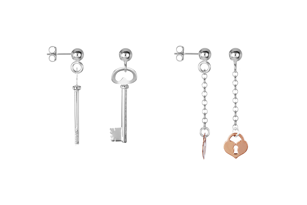 [16517EPLDR] Pendiente plata 925 llave 29x10mm y candado corazón 9x9mm