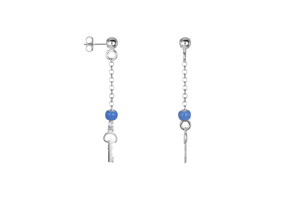 Sterling silver chain with bead enamel & key earring