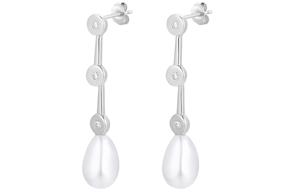 Sterling silver 13x10mm white pearl & 5mm three zirconia earring
